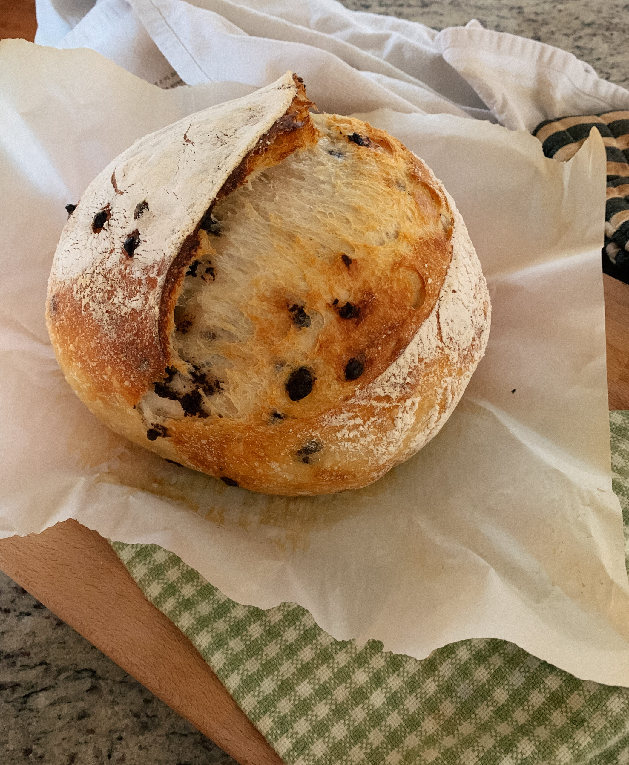Chocolate Chip Sourdough Loaf on cutting board