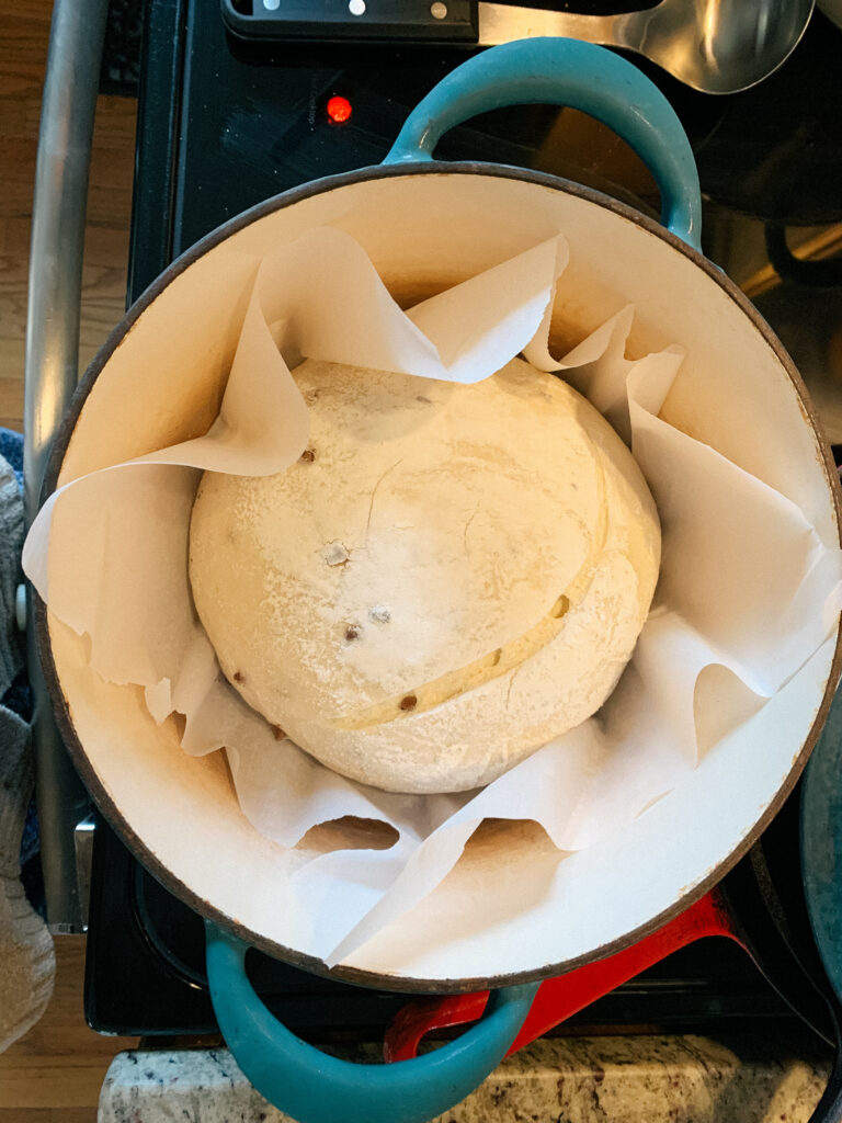 chocolate chip sourdough in blue dutch oven