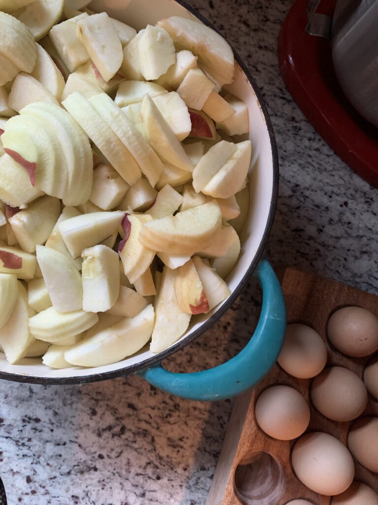 cut apples on counter with eggs